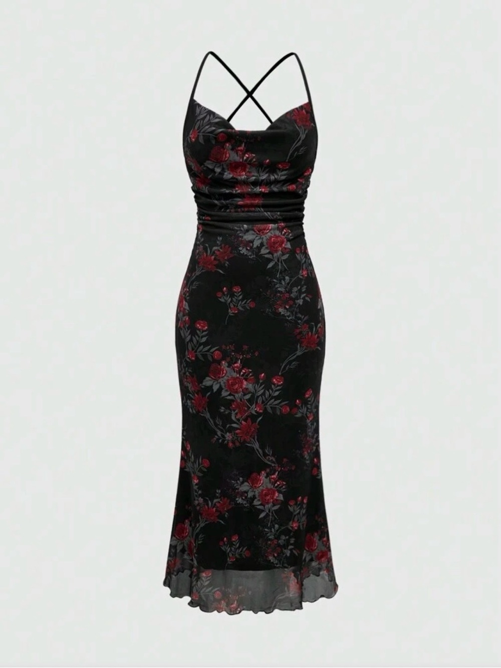 ROMWE Black Midi Slip Dress with Red Floral Print and Crisscross Straps